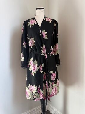 Oscar de la Renta Pink Label Floral Robe Small Black Rose Belted Pockets